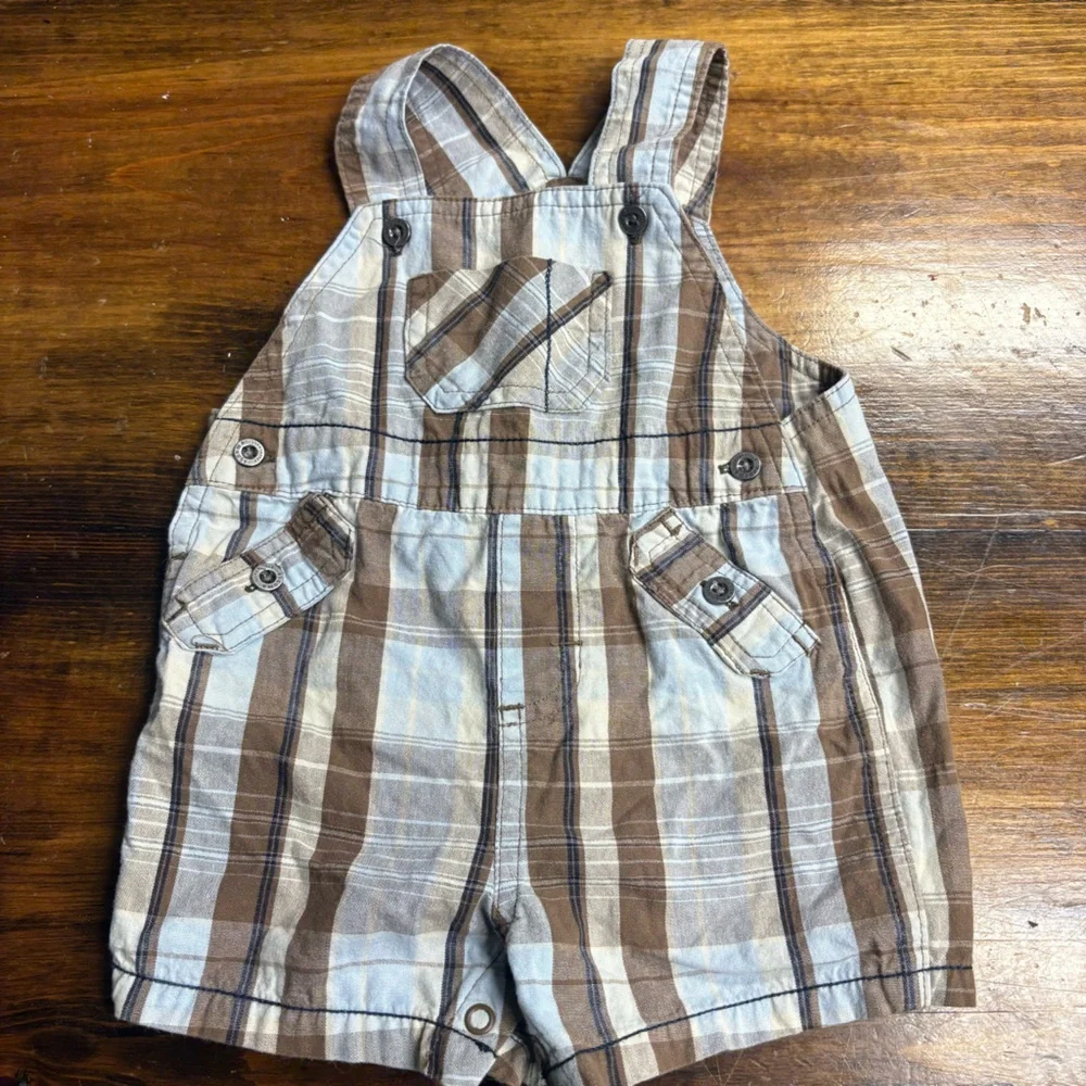 Sonoma Blue‎ Abd Brown Plaid Short Overalls Size 3-6 Months